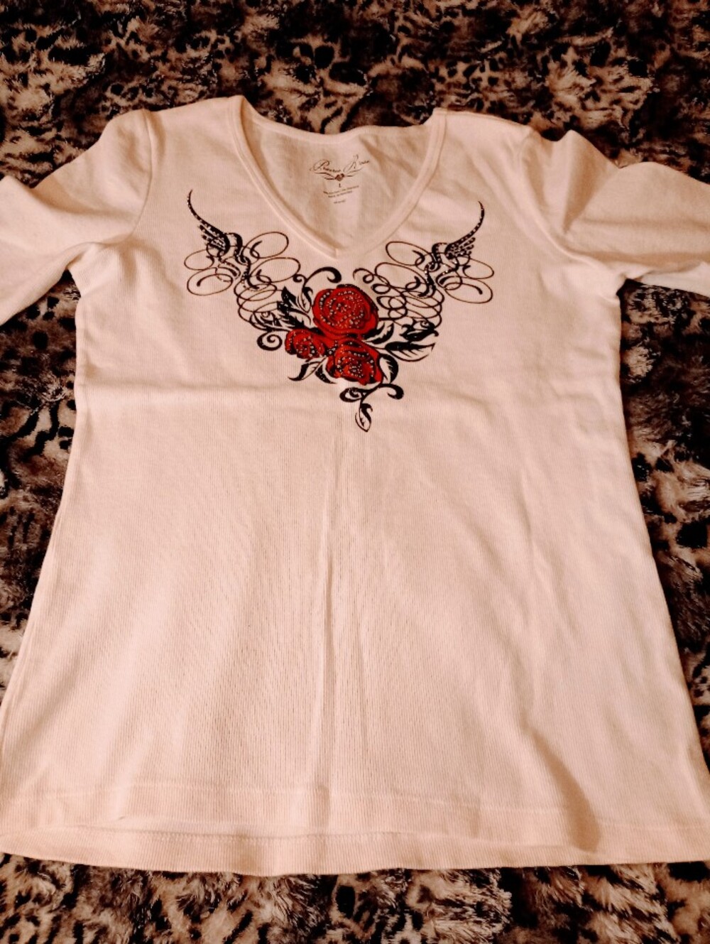 Goth/Bikercore White Ribbed Knit Top W/ Roses Accent Women's